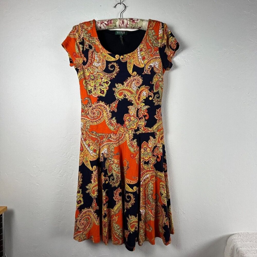 Lauren Ralph Lauren Womens PM Petite Orange Paisley Scoop Neck Fit N Flare Dress